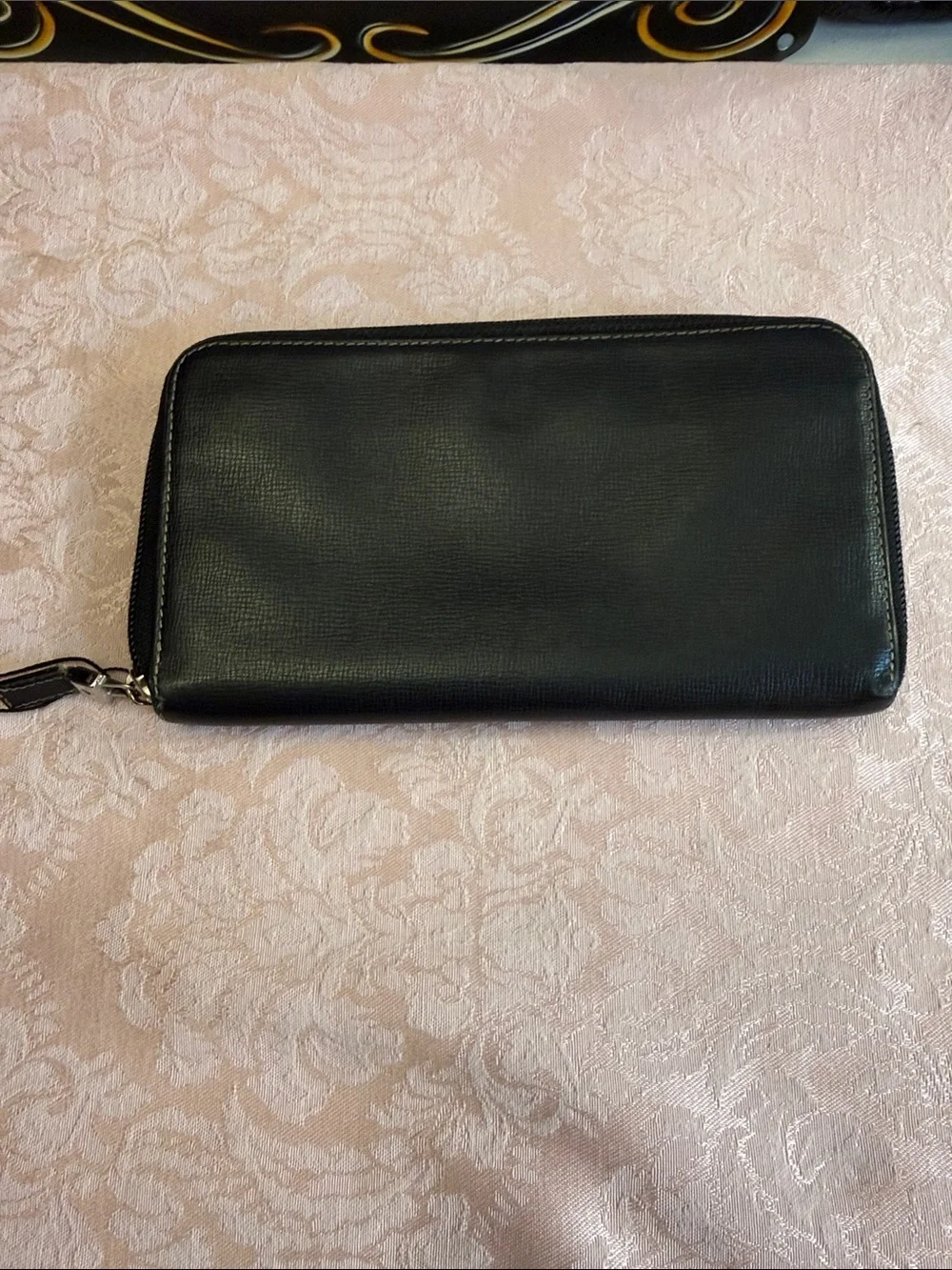 Salvatore Ferragamo Black Leather Zip Wallet with Silver Hardware